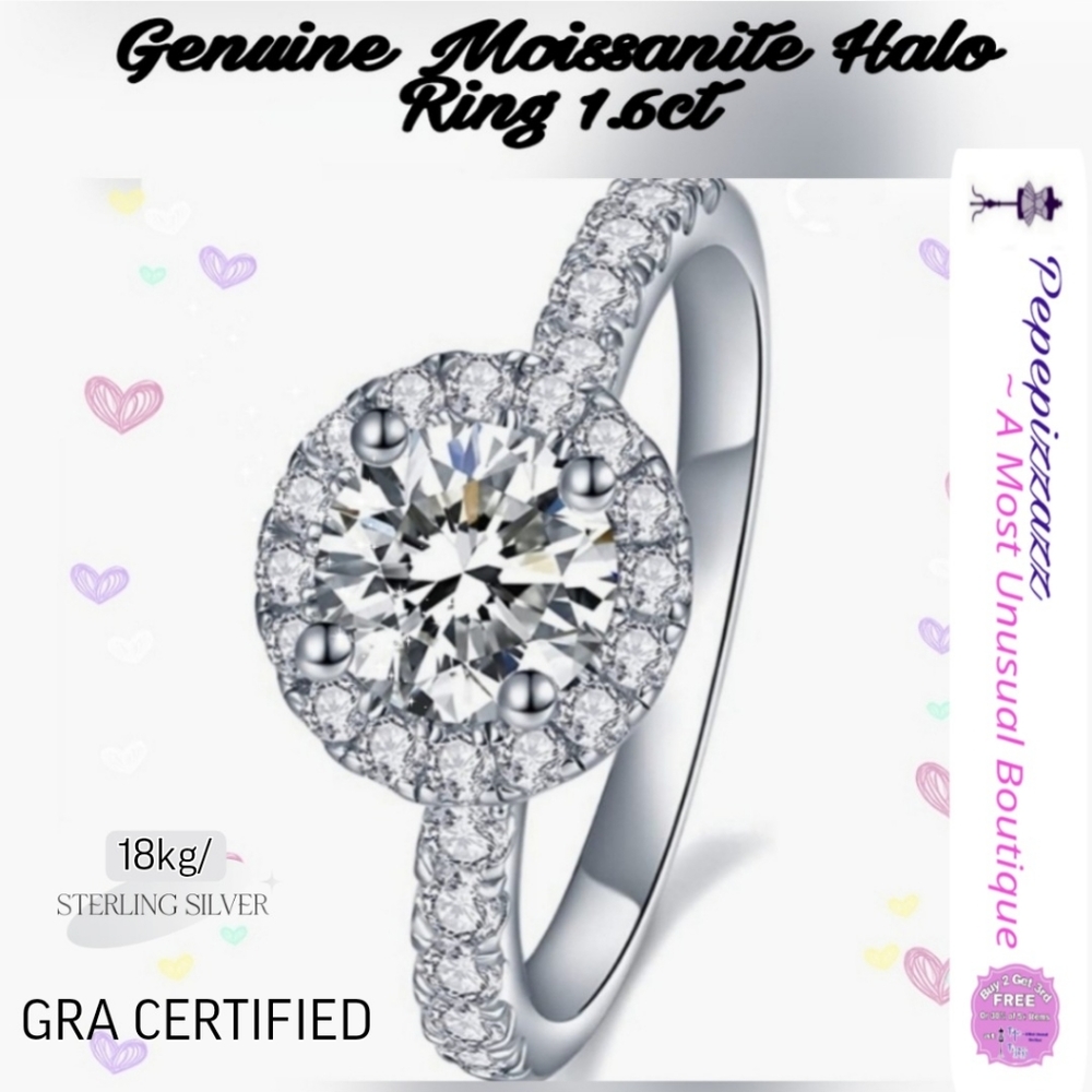 CERTIFIED 1.64 CT Moissanite 18kgp .925 Engagement Ring D Color VVS1